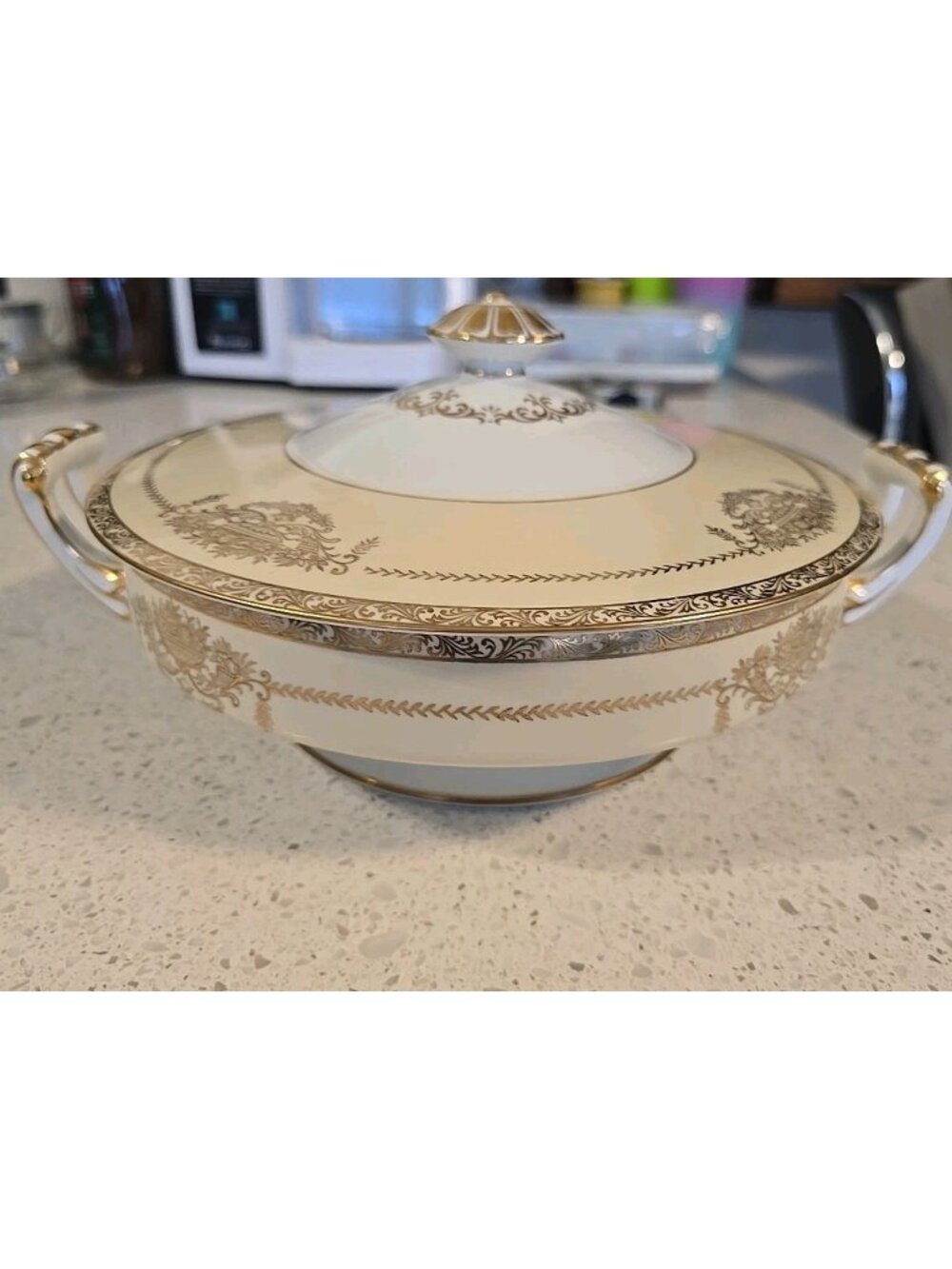 Noritake Round Vegetable Dish Soup Bowl Pot Penelope Pedestal Raised Gold Paint